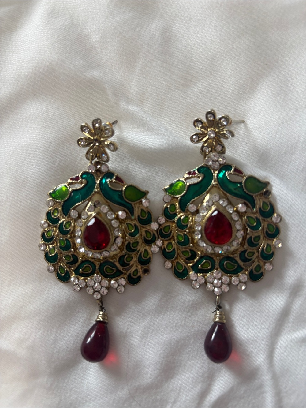 Green and Ruby Teardrop Statement Earrings - Designer Style